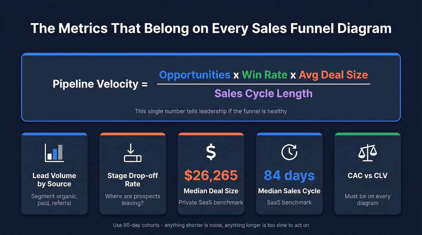 Pipeline velocity formula and key funnel metrics card
