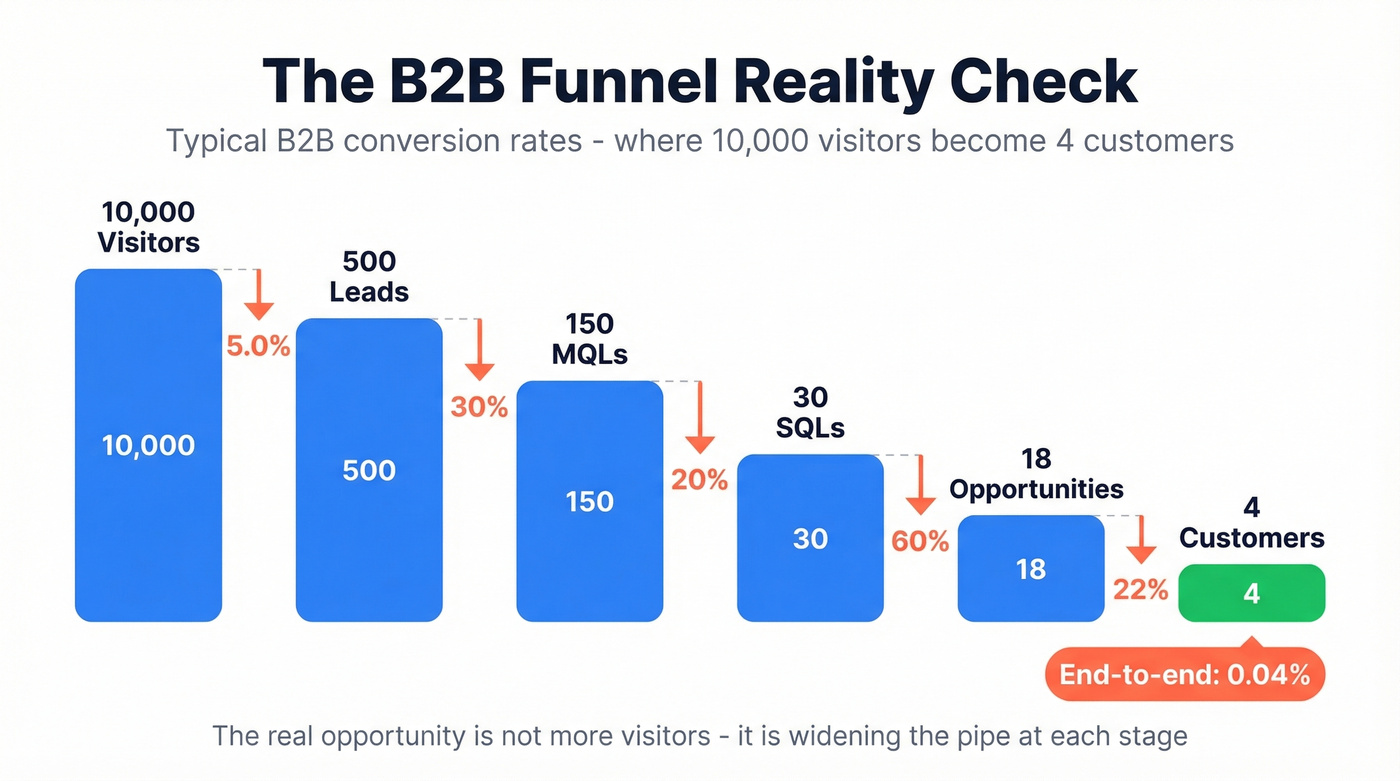 B2B sales funnel stages with conversion rates waterfall