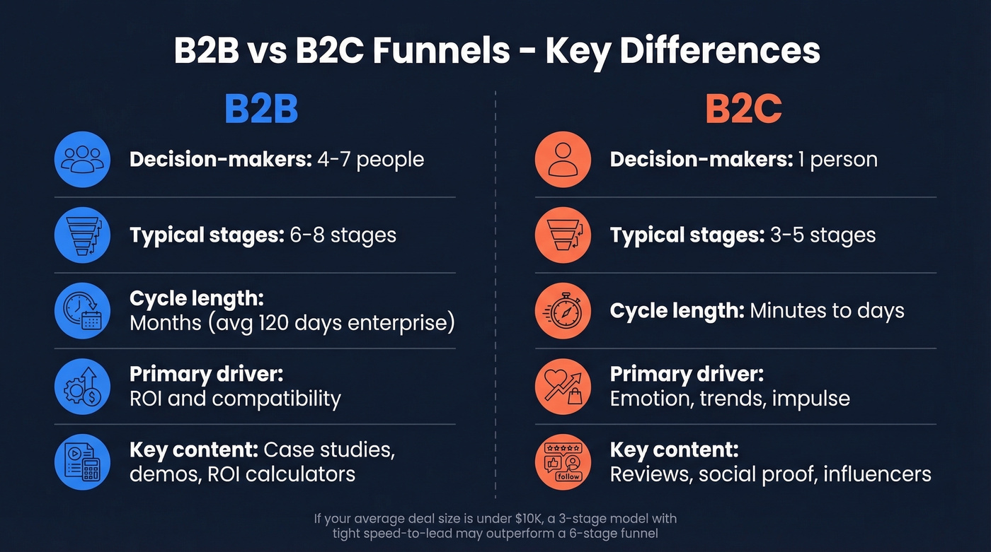 Side-by-side B2B vs B2C funnel differences across five dimensions