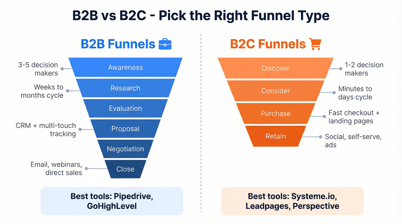 B2B versus B2C sales funnel comparison diagram