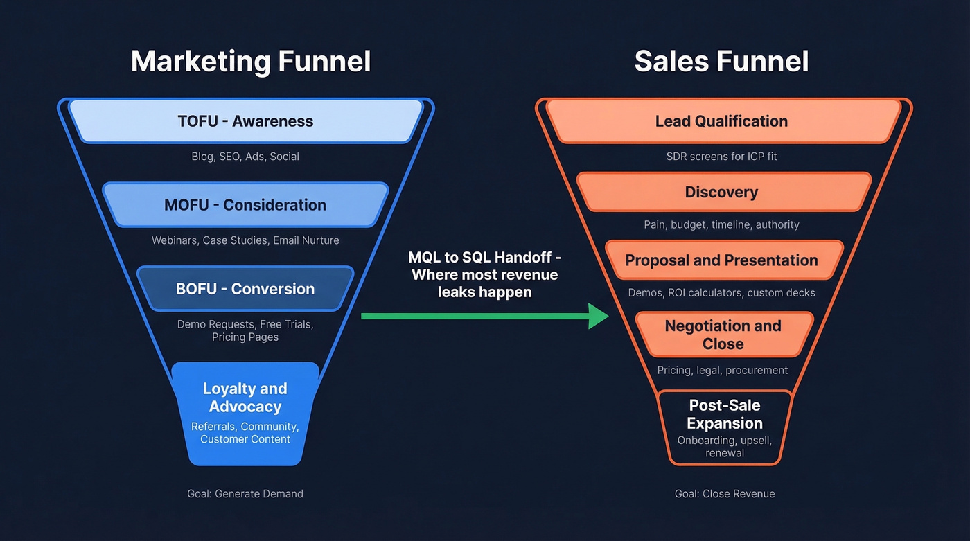 Side-by-side marketing funnel vs sales funnel stages