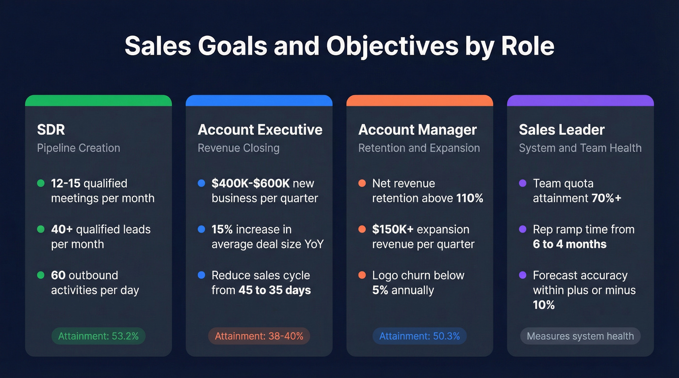 Sales goals and KPIs broken down by four roles
