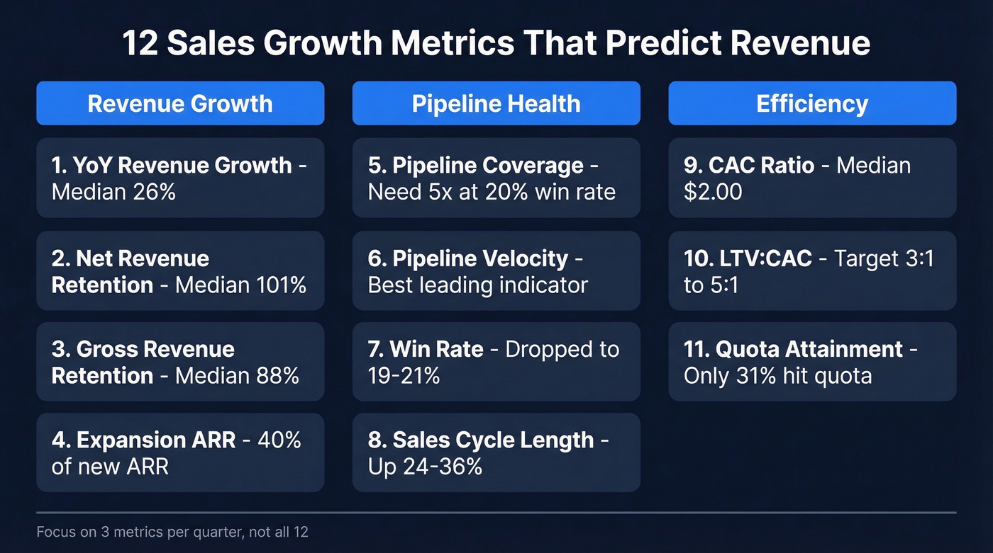 Visual map of 12 sales growth metrics in three categories