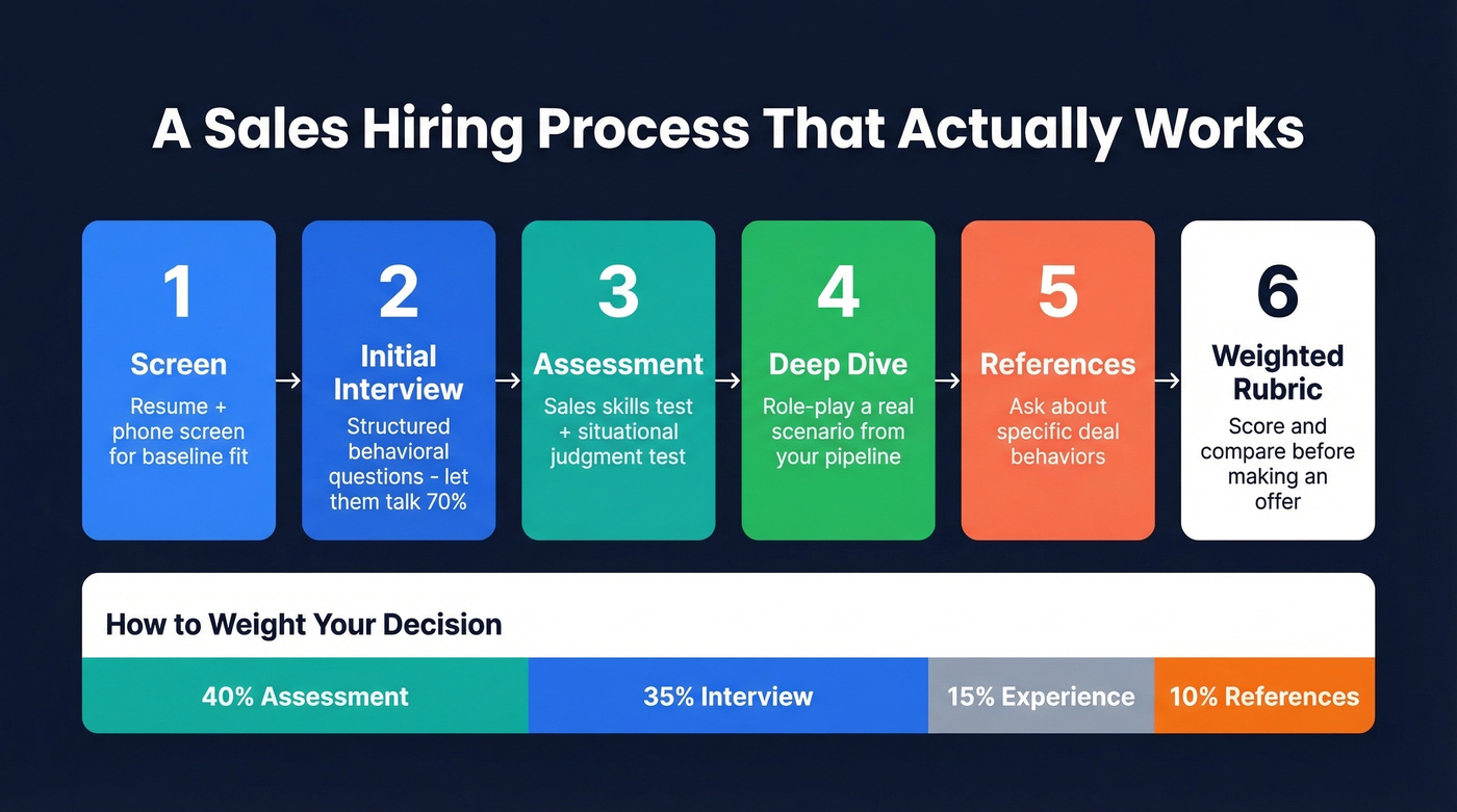 Six-step structured sales hiring process flow