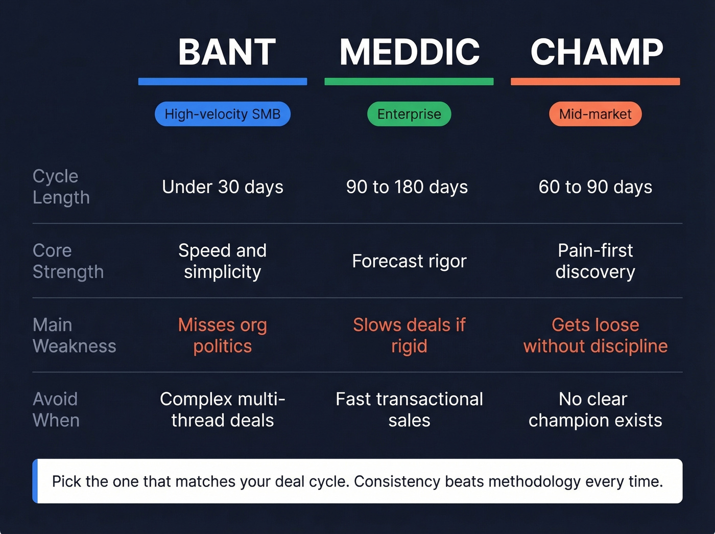 BANT vs MEDDIC vs CHAMP framework comparison visual