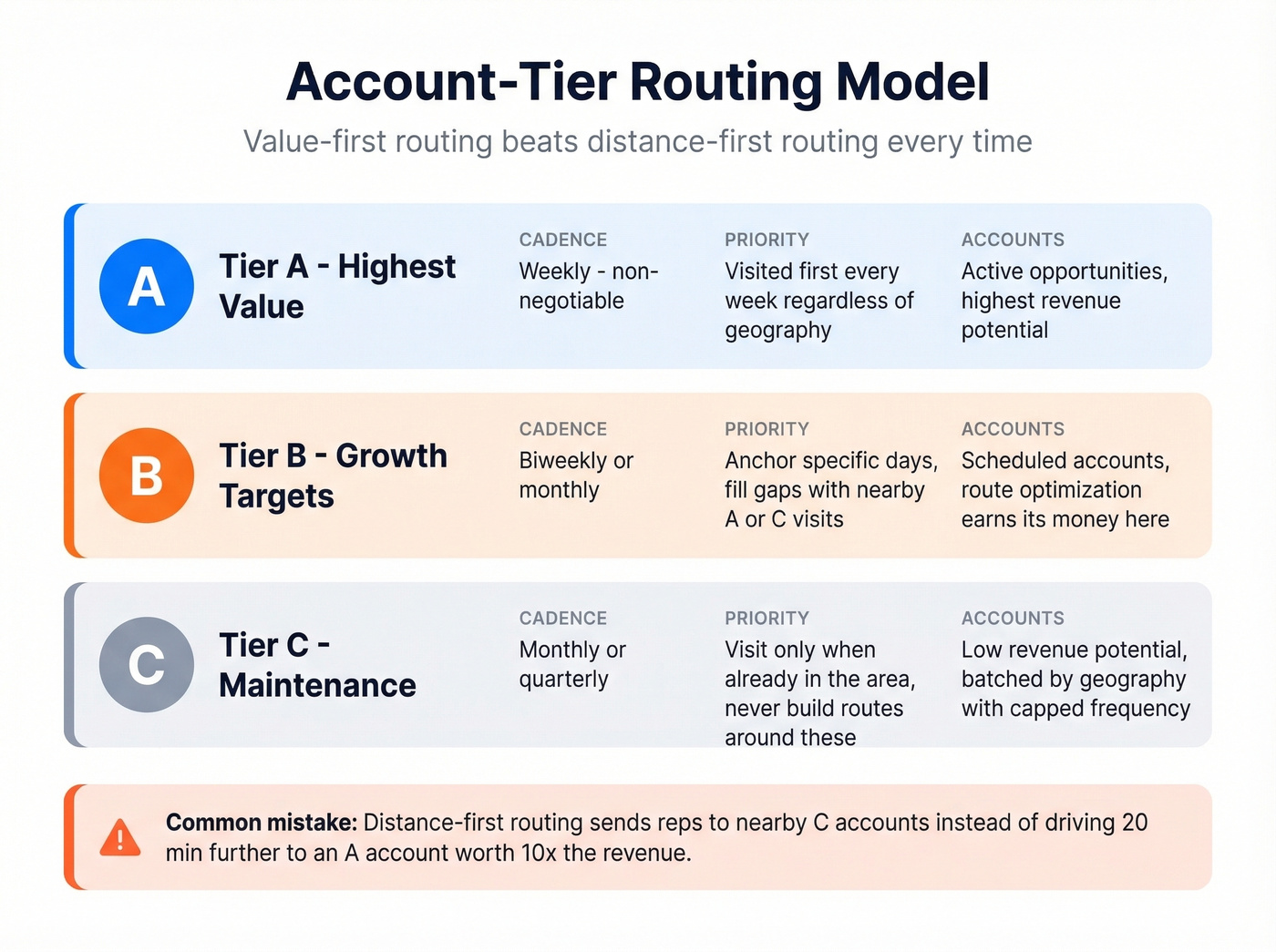 Account tier routing model with cadences and priorities