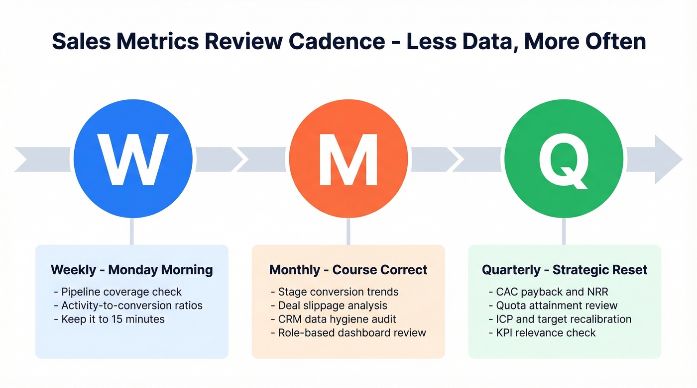 Weekly monthly quarterly sales metrics review cadence