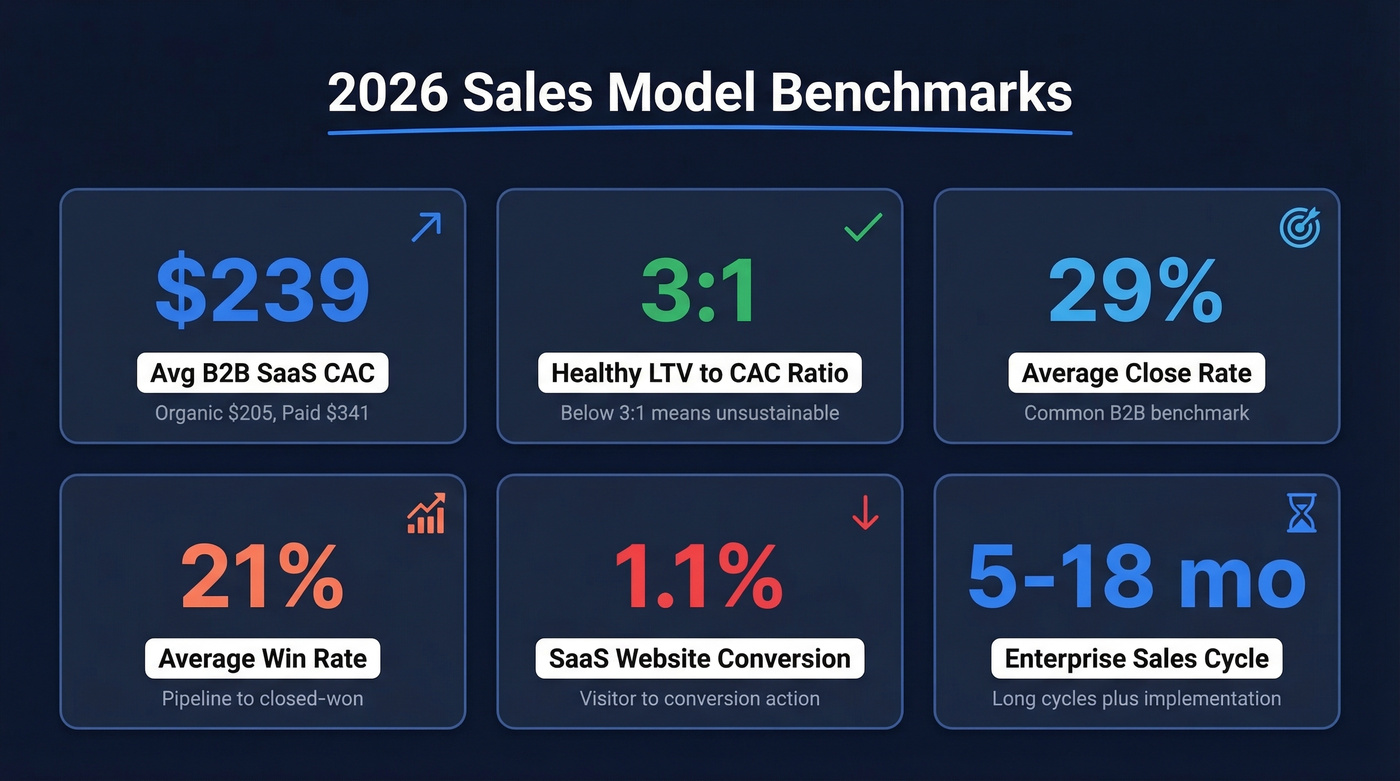 Key 2026 sales benchmarks displayed as visual stat cards