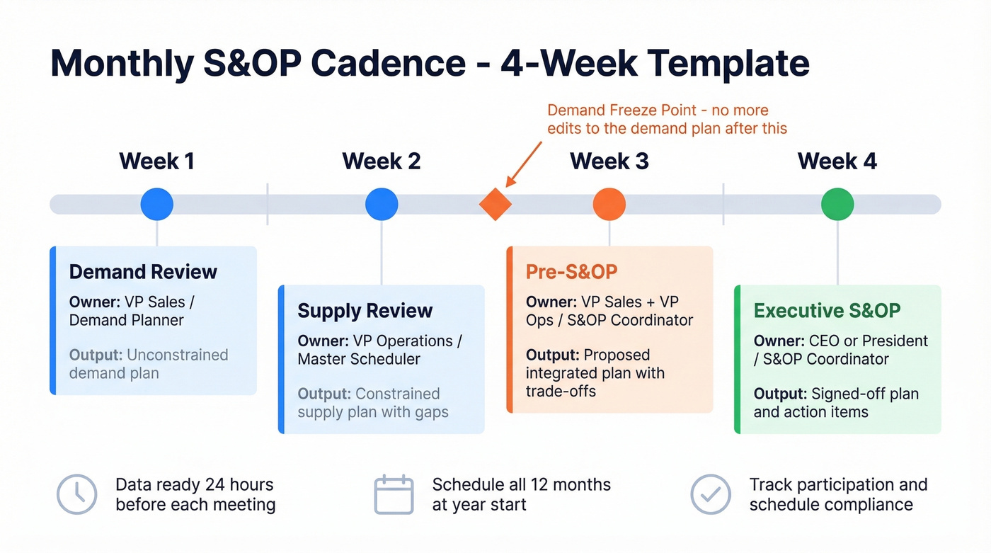Monthly S&OP four-week meeting cadence timeline