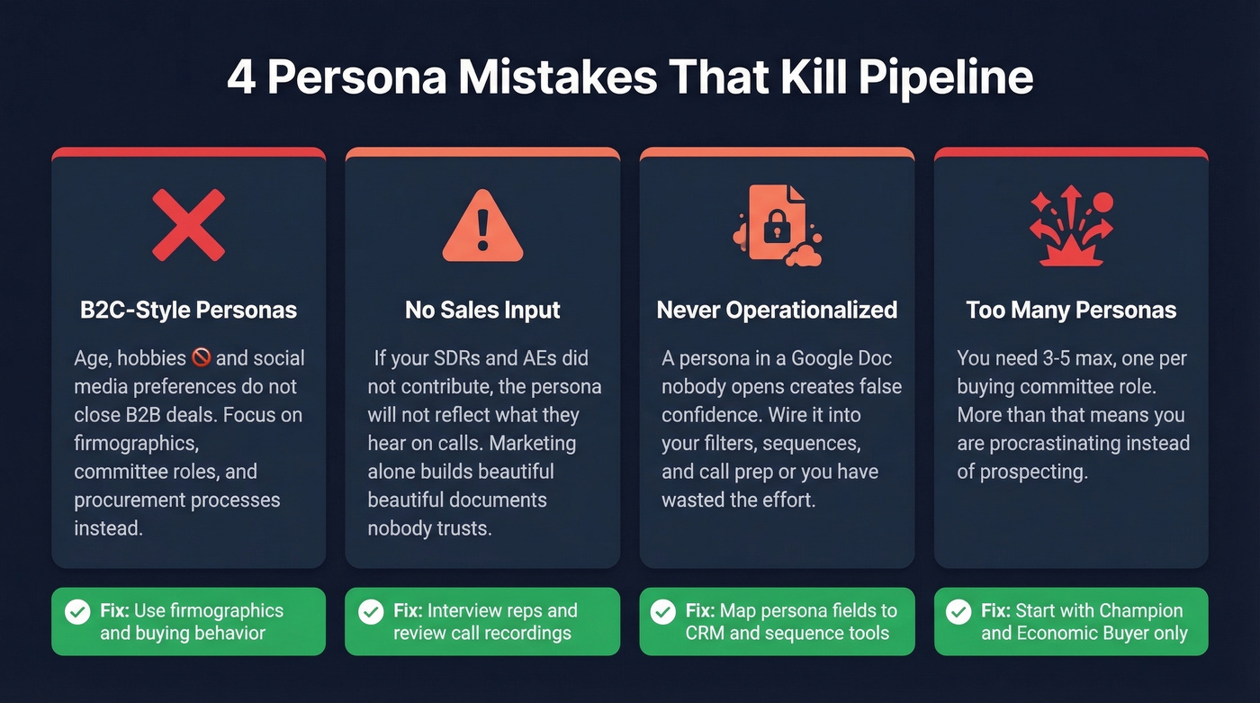 Four common sales persona mistakes with warning icons