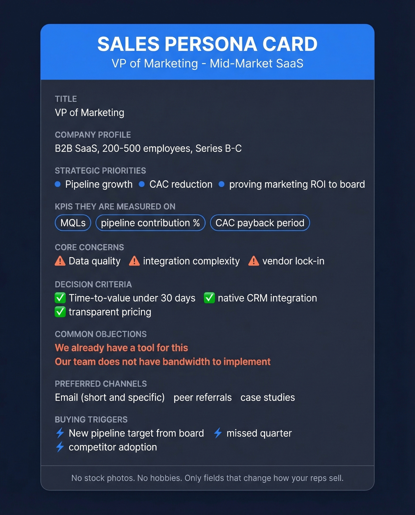 Filled-out sales persona card for VP of Marketing example