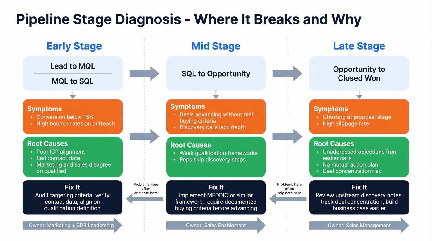 Pipeline stage diagnosis flowchart with root causes and fixes