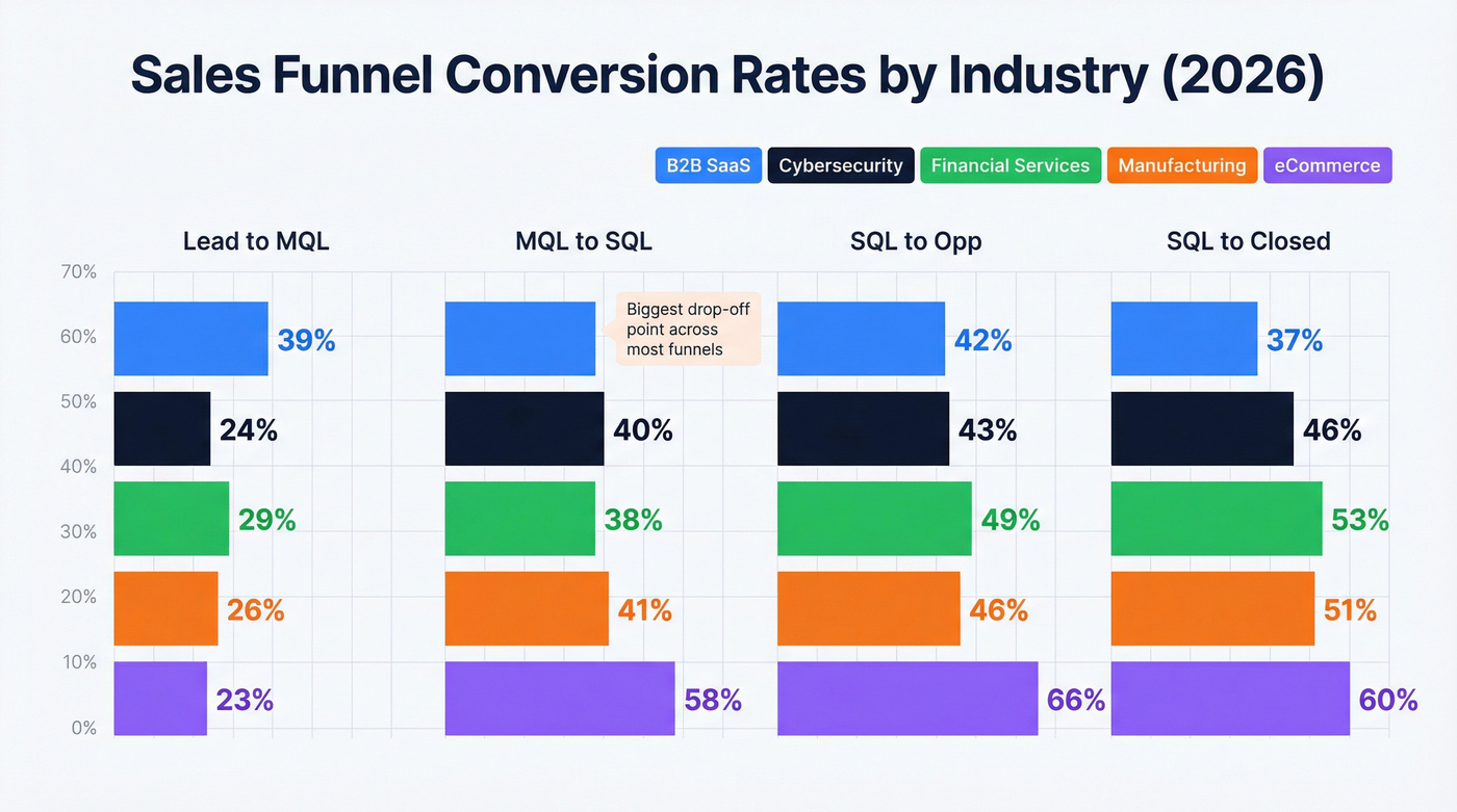 Funnel conversion rates compared across five industries