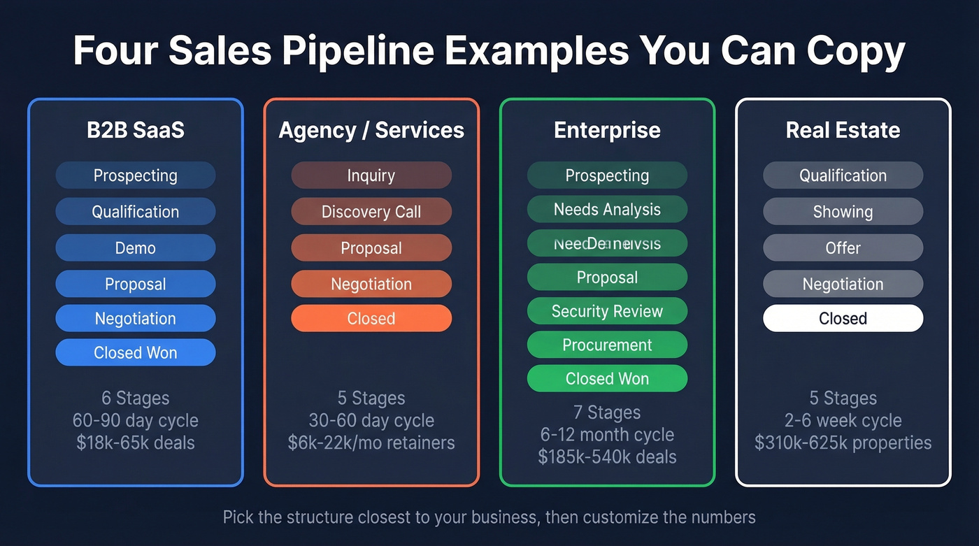 Four sales pipeline types overview with stages and key metrics