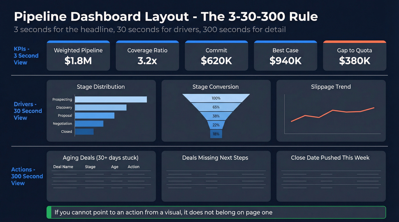 Three-row Power BI dashboard layout for pipeline reviews