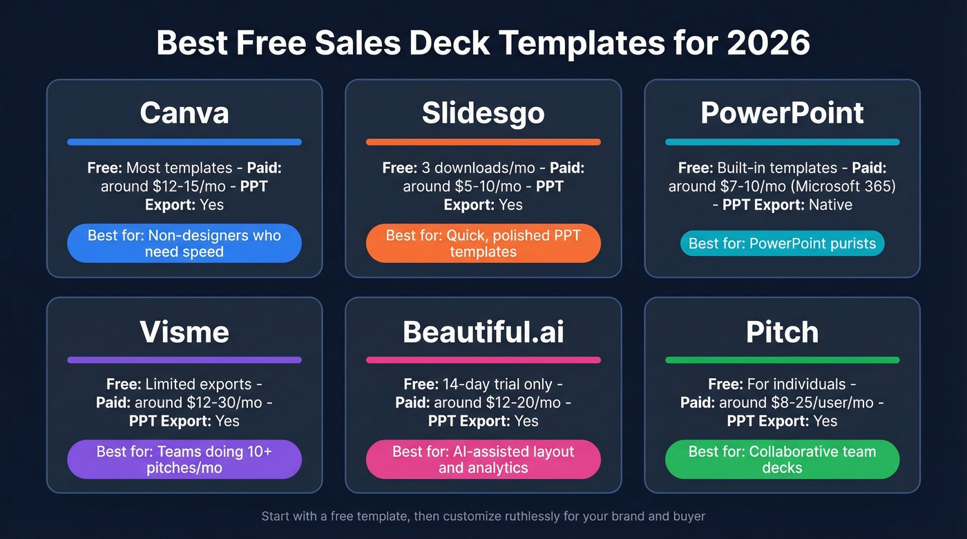 Visual comparison of free sales deck template platforms