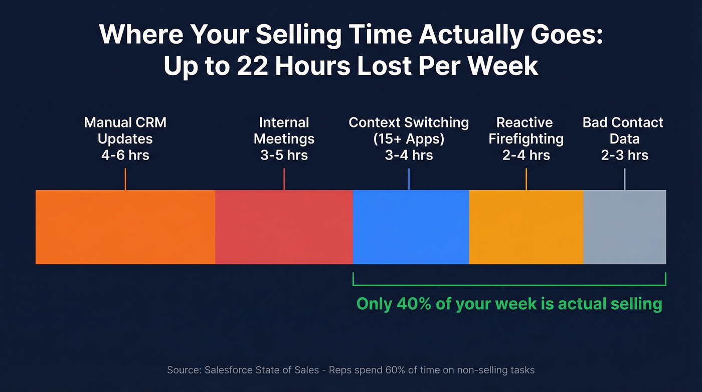 Stacked bar showing 22 hours lost weekly to non-selling tasks