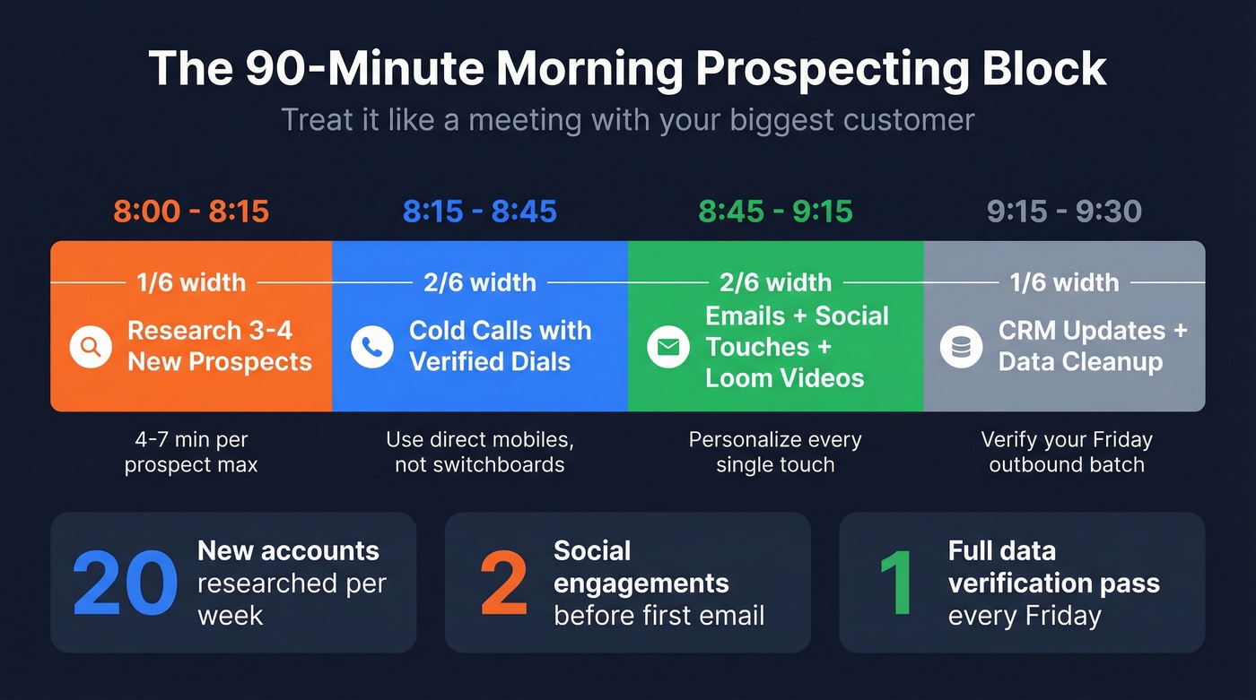 Visual daily 90-minute prospecting schedule block