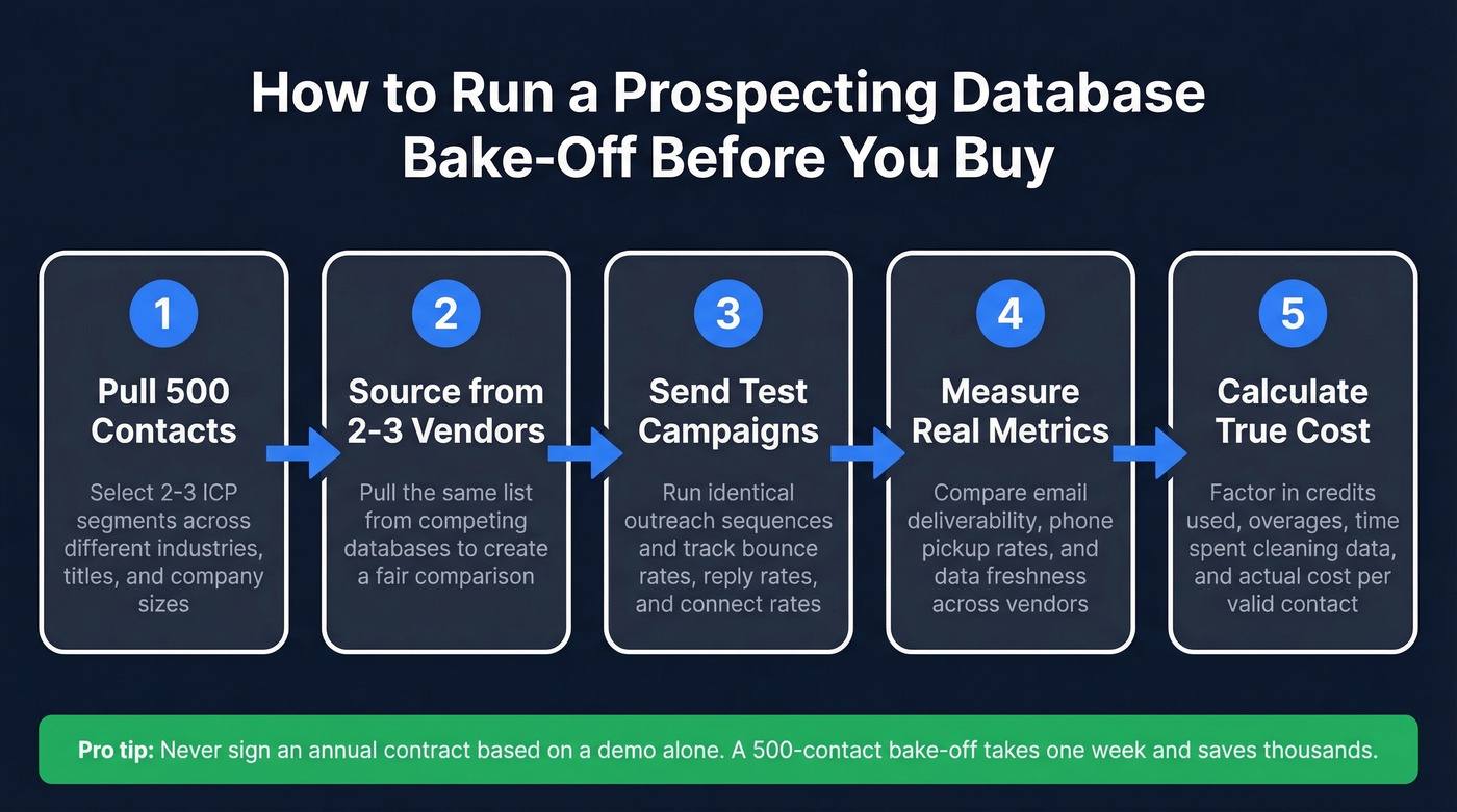 Step-by-step bake-off process for testing prospecting databases