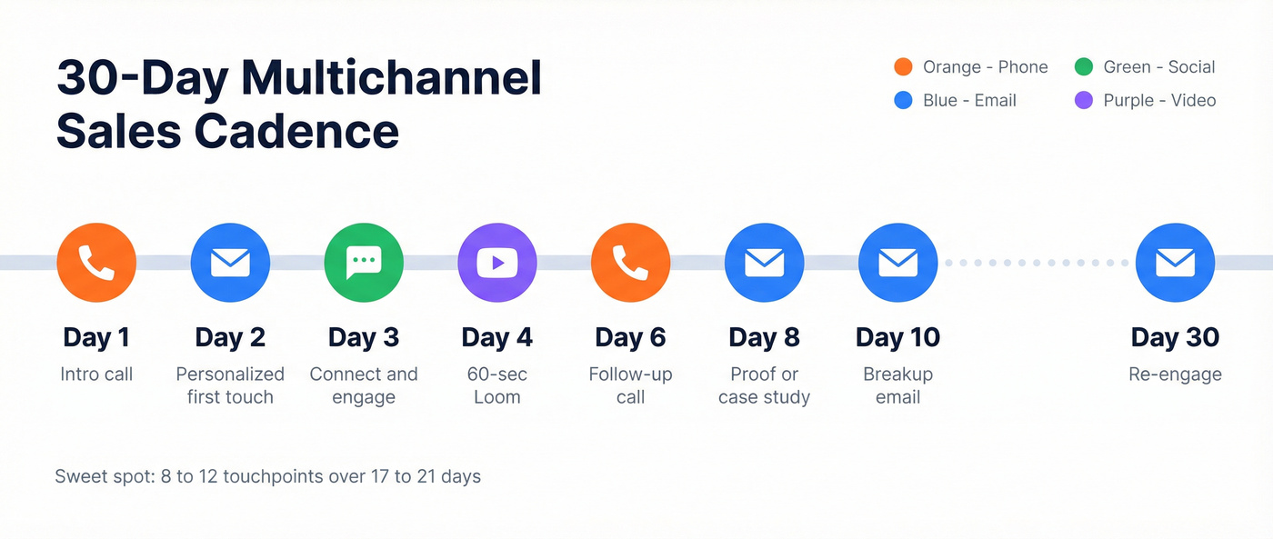 Visual multichannel sales cadence timeline over 30 days