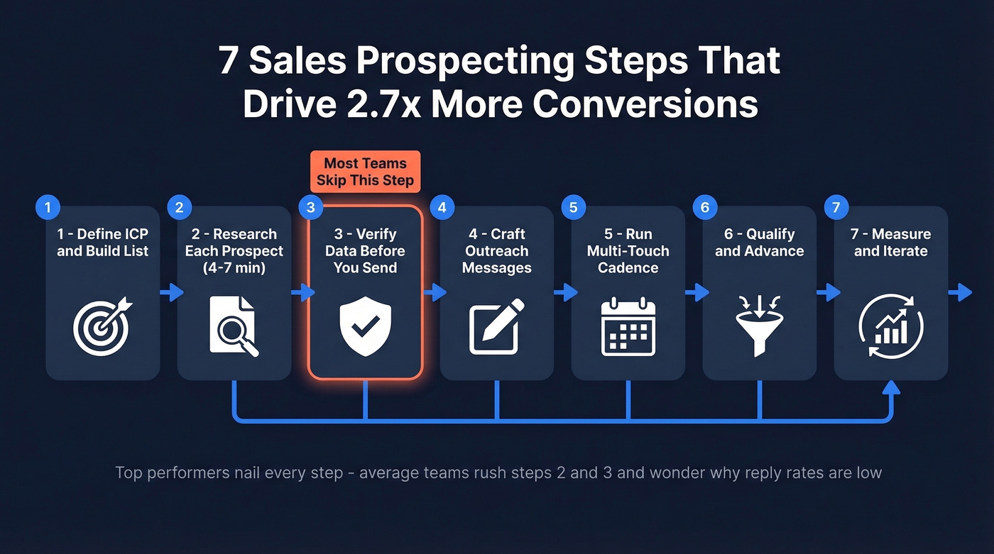 Seven sales prospecting steps visual workflow diagram