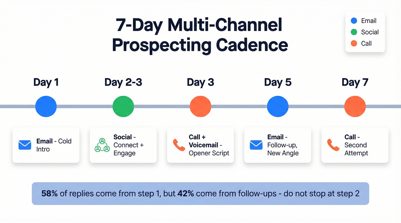 Seven-day multi-channel prospecting cadence timeline