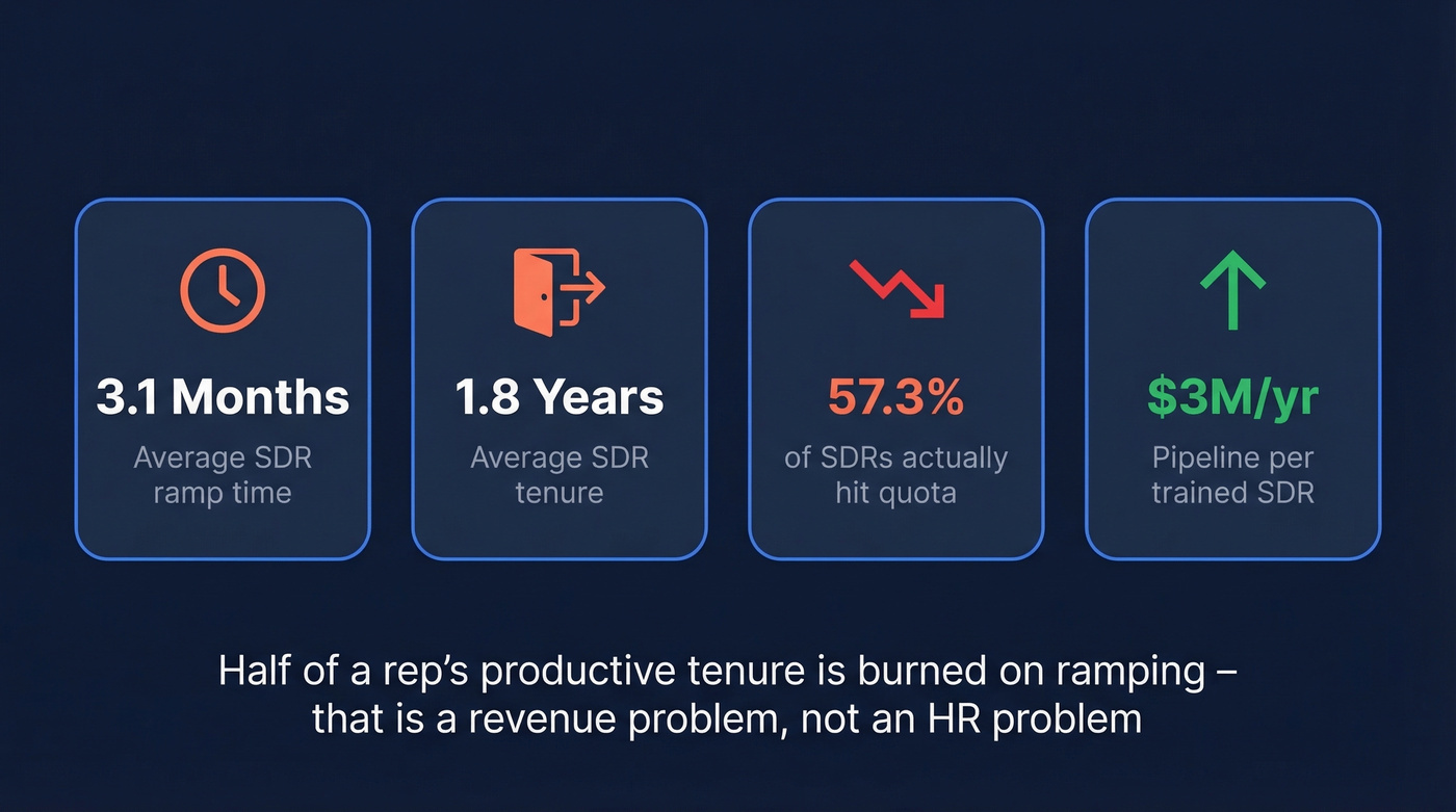 Key SDR statistics showing ramp time, quota attainment, and retention costs