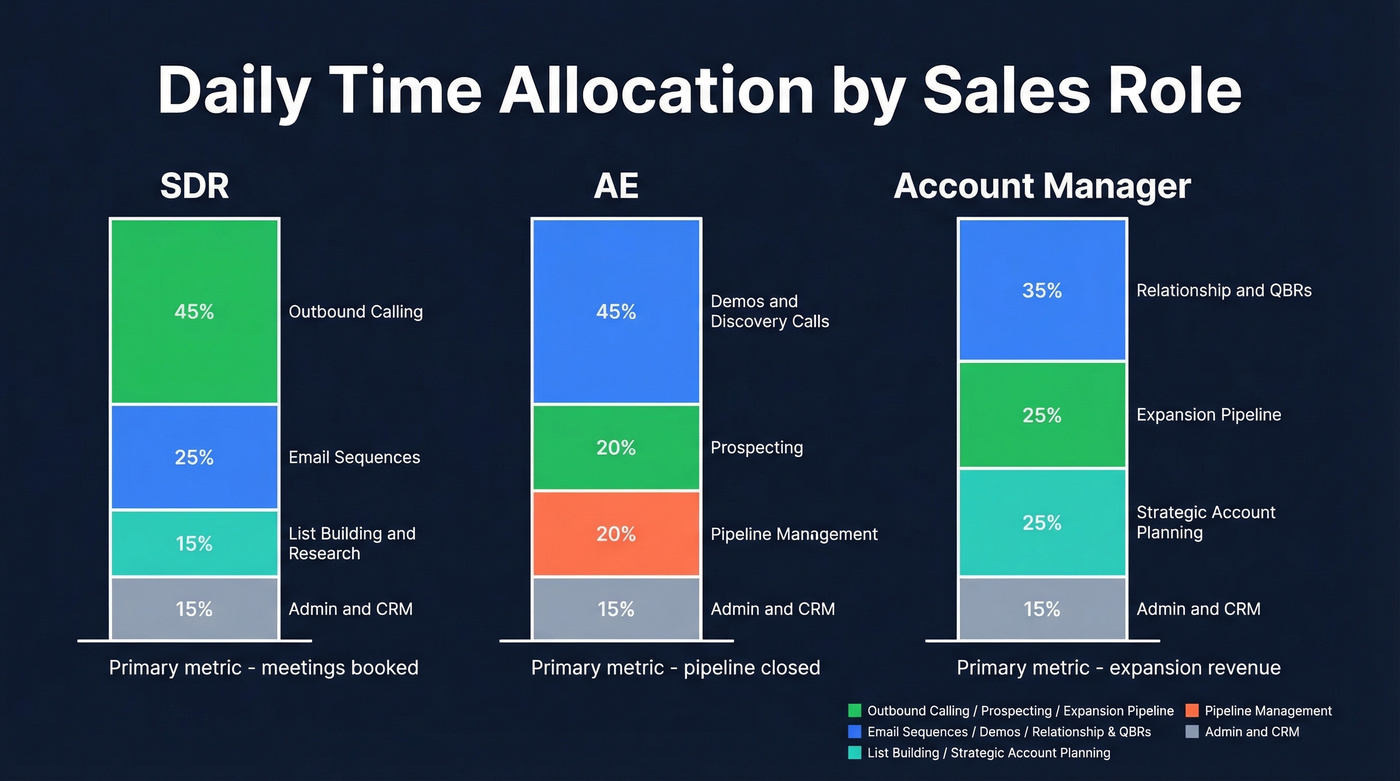 SDR vs AE vs AM daily time allocation comparison