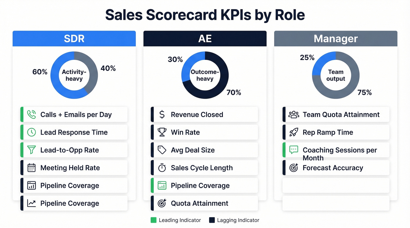 KPI breakdown comparison across SDR AE and Manager roles