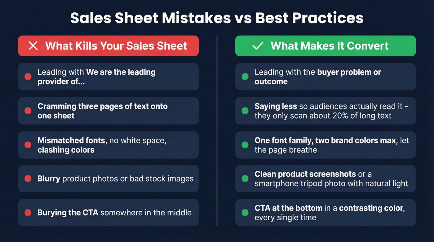 Side-by-side comparison of bad versus good sales sheet practices