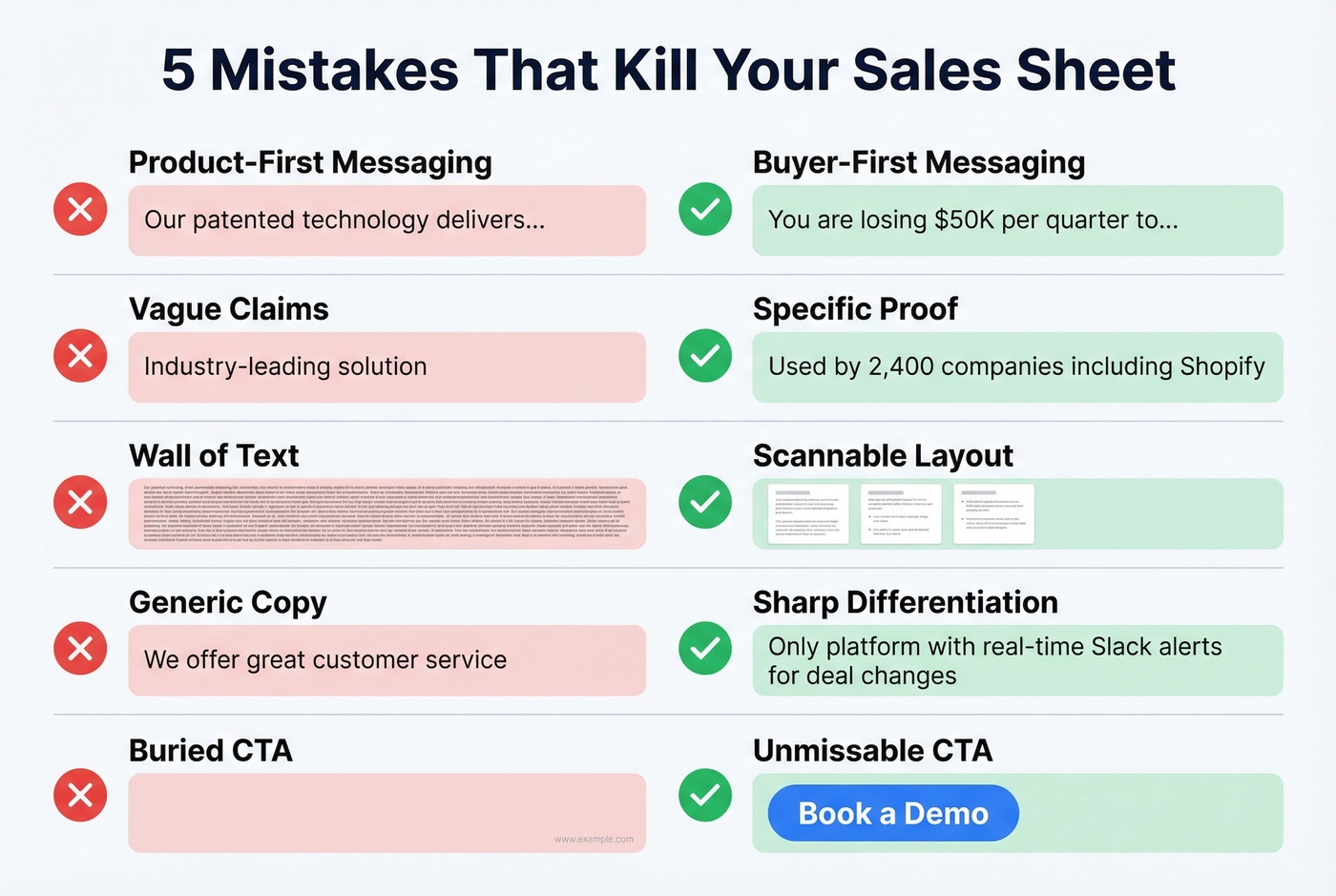 Five sales sheet mistakes with visual do and don't examples
