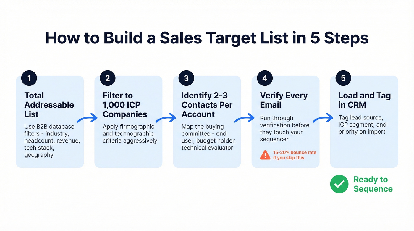 Five-step sales target list building process flow