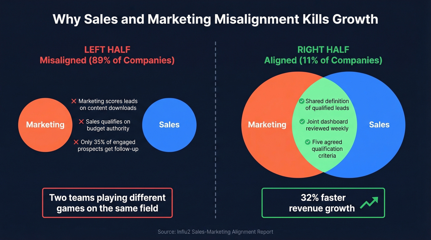 Sales marketing misalignment vs alignment comparison diagram