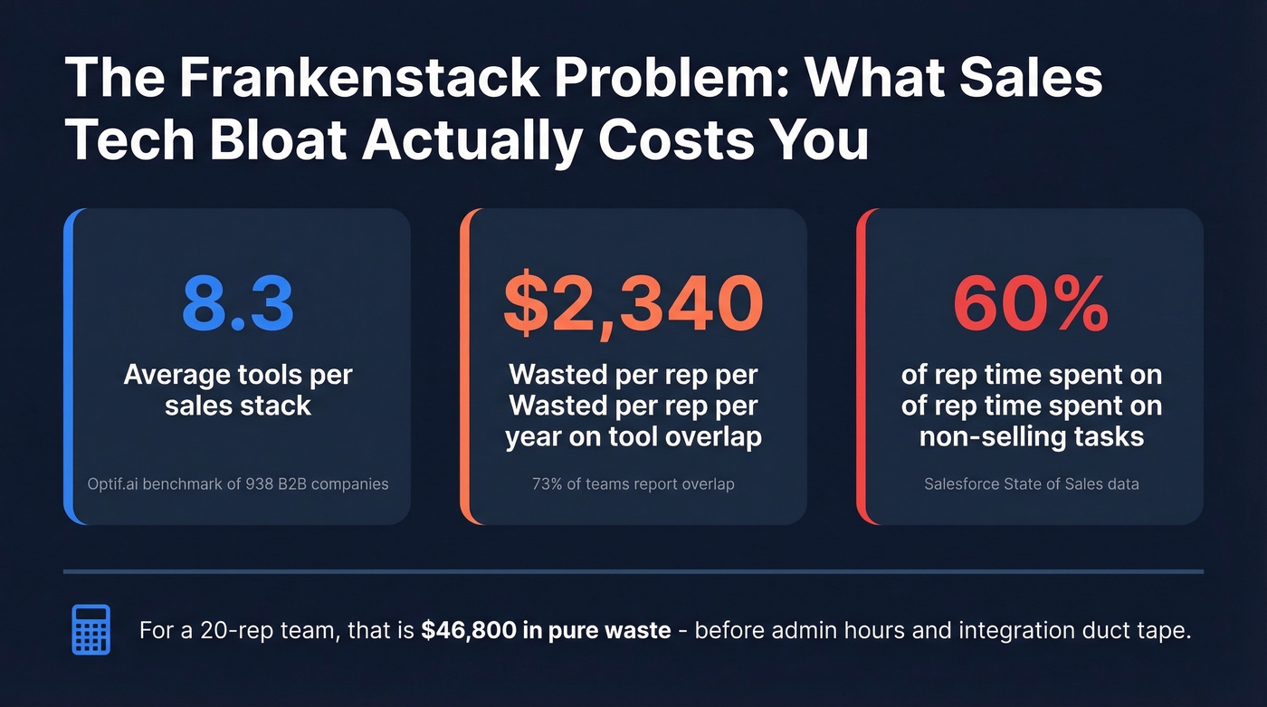 Frankenstack cost breakdown showing waste per rep and team
