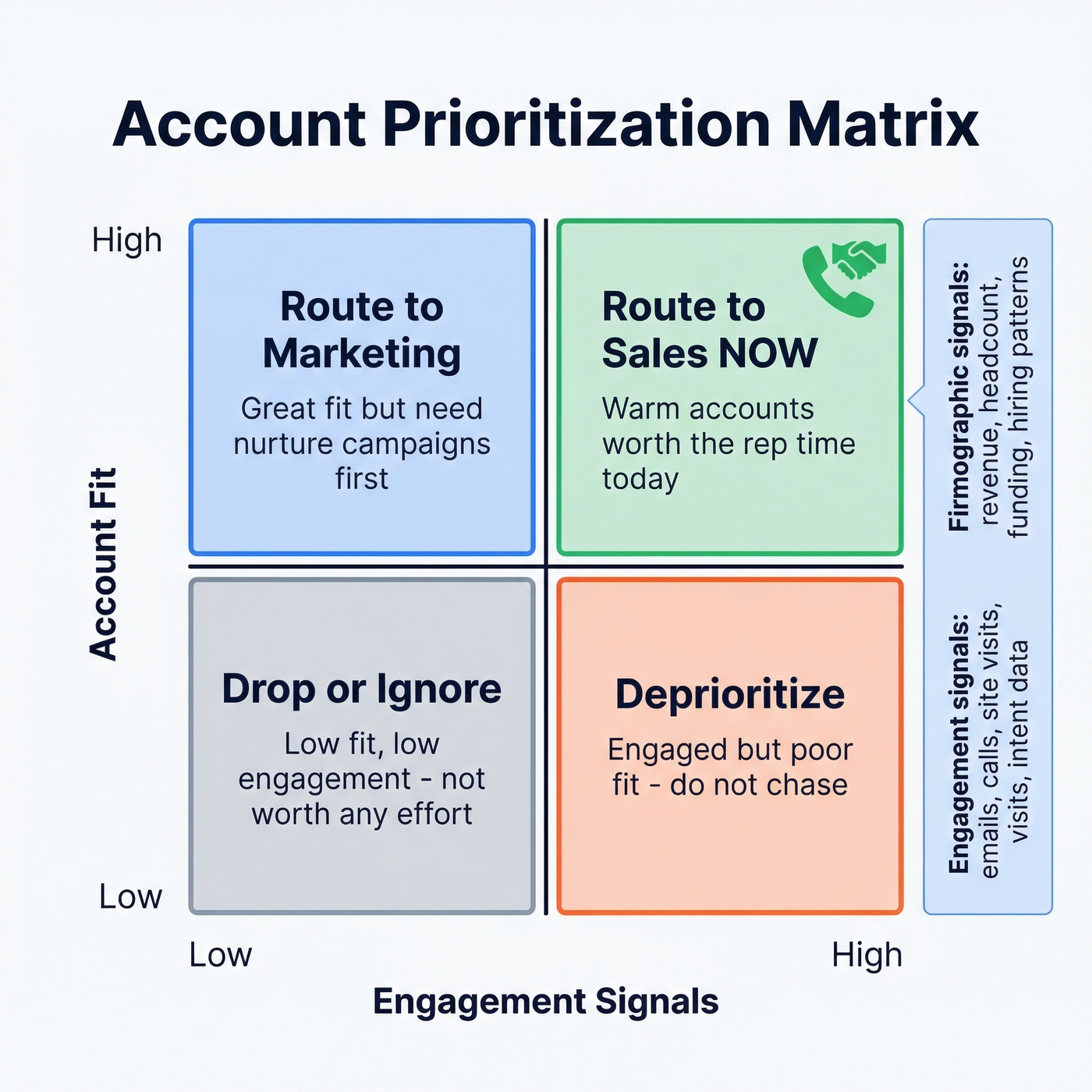 Account prioritization matrix with fit and engagement axes