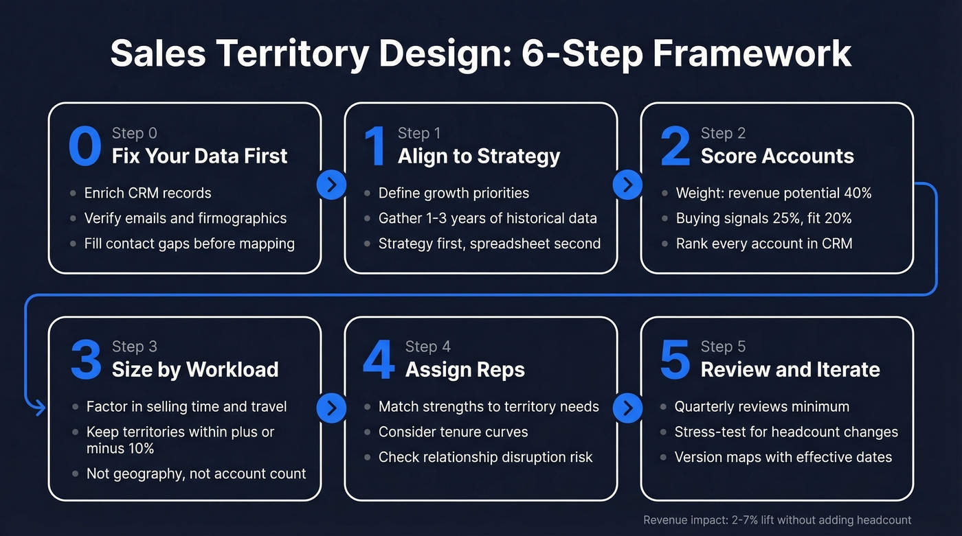 Six-step territory design framework visual workflow