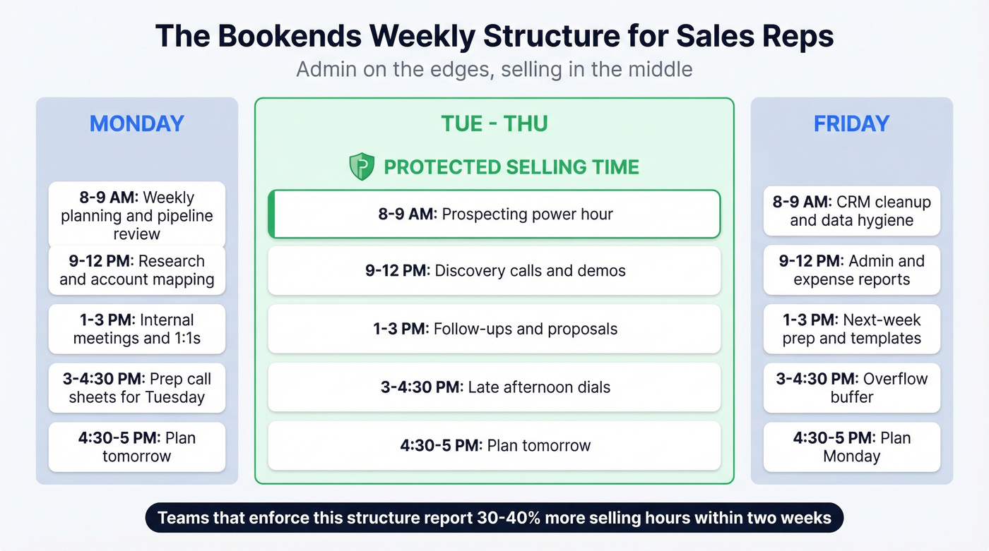 Bookends weekly structure for sales reps visual calendar