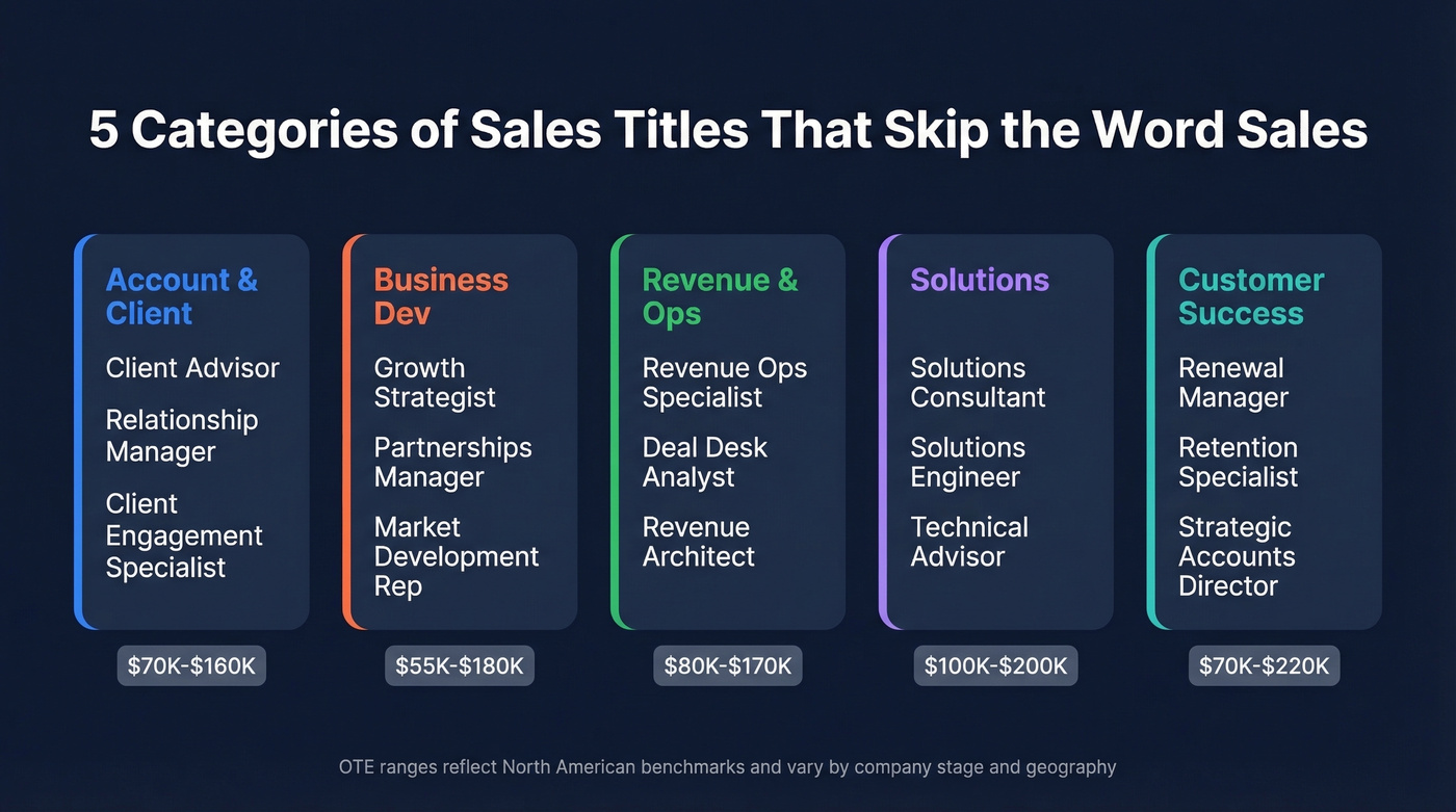 Visual map of five non-sales title categories with examples