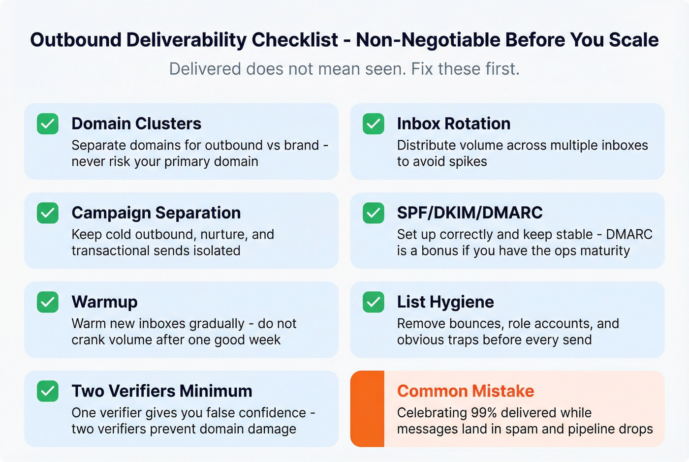 Outbound deliverability infrastructure checklist visual