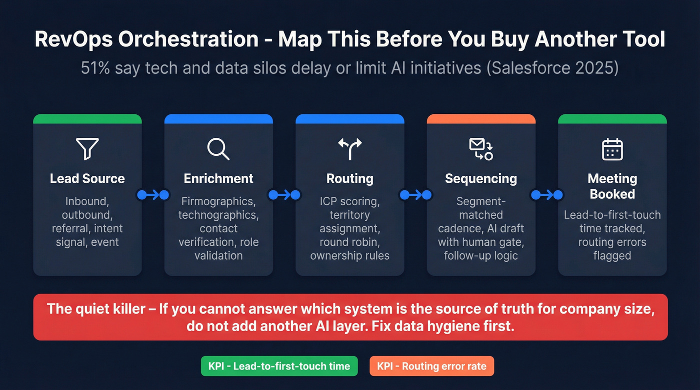 RevOps lead flow orchestration map from source to meeting