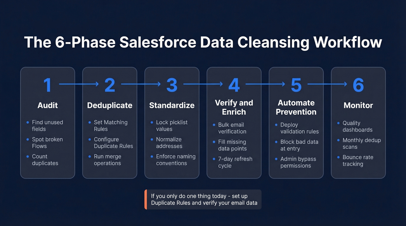 Six-phase Salesforce data cleansing workflow diagram