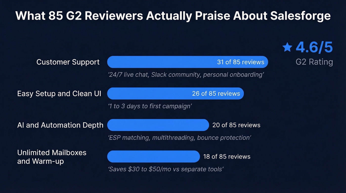Salesforge G2 review highlights by category frequency