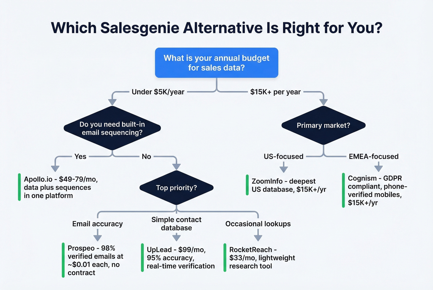 Decision flowchart for choosing a Salesgenie alternative