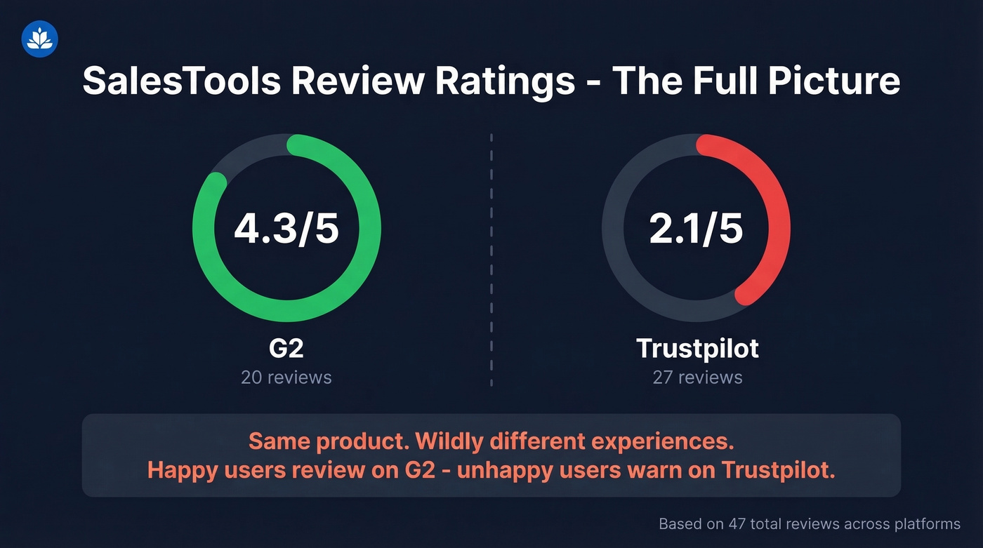 SalesTools G2 vs Trustpilot rating gap visualization