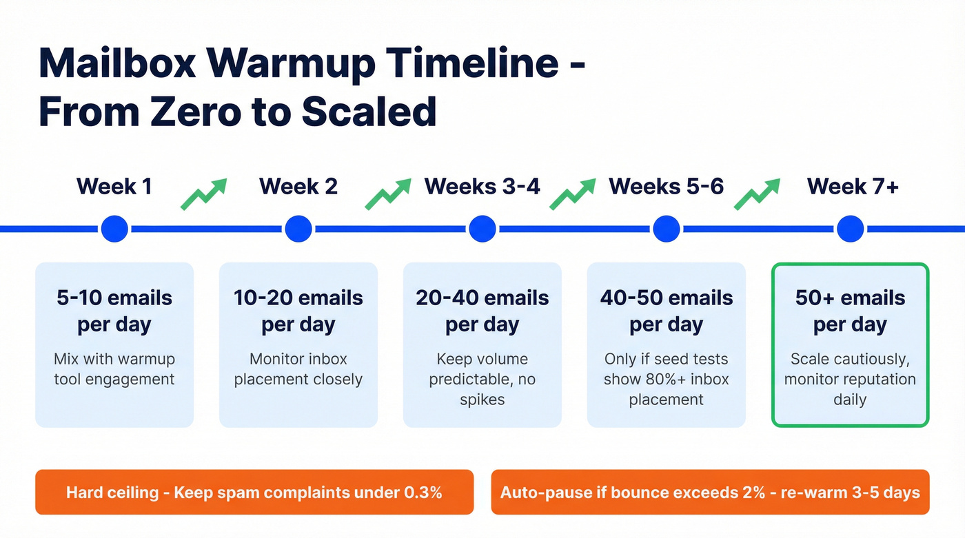 Six-week mailbox warmup timeline with volume targets