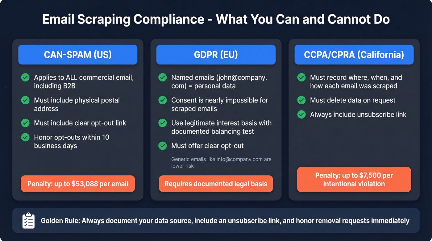Email scraping compliance overview for CAN-SPAM, GDPR, and CCPA