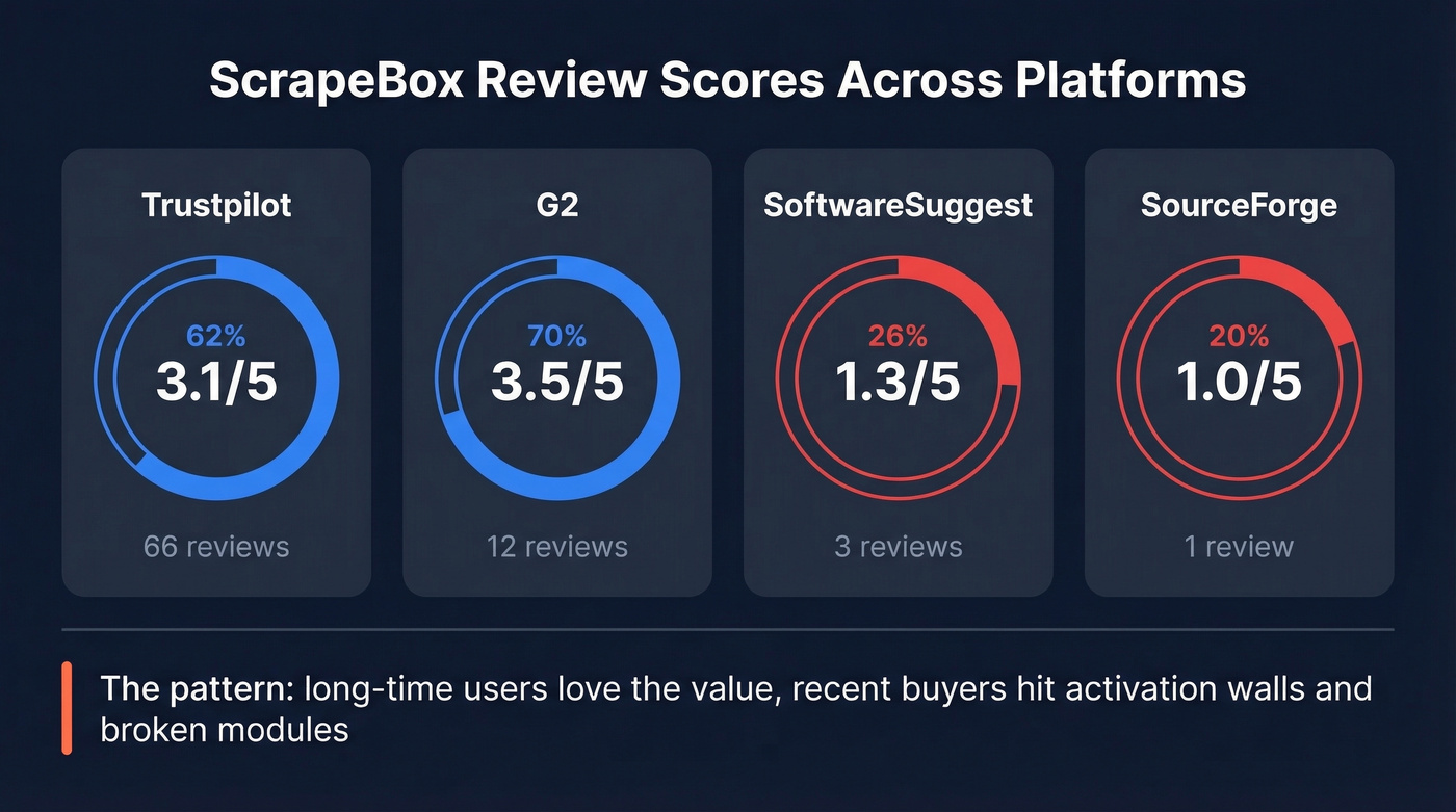 ScrapeBox review scores across four platforms