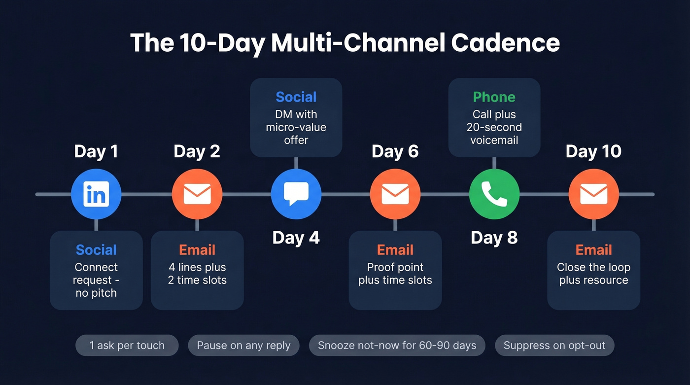 10-day multi-channel SDR cadence visual timeline