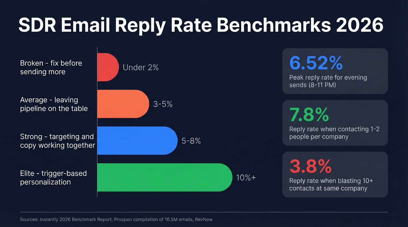 SDR email reply rate benchmarks and performance tiers