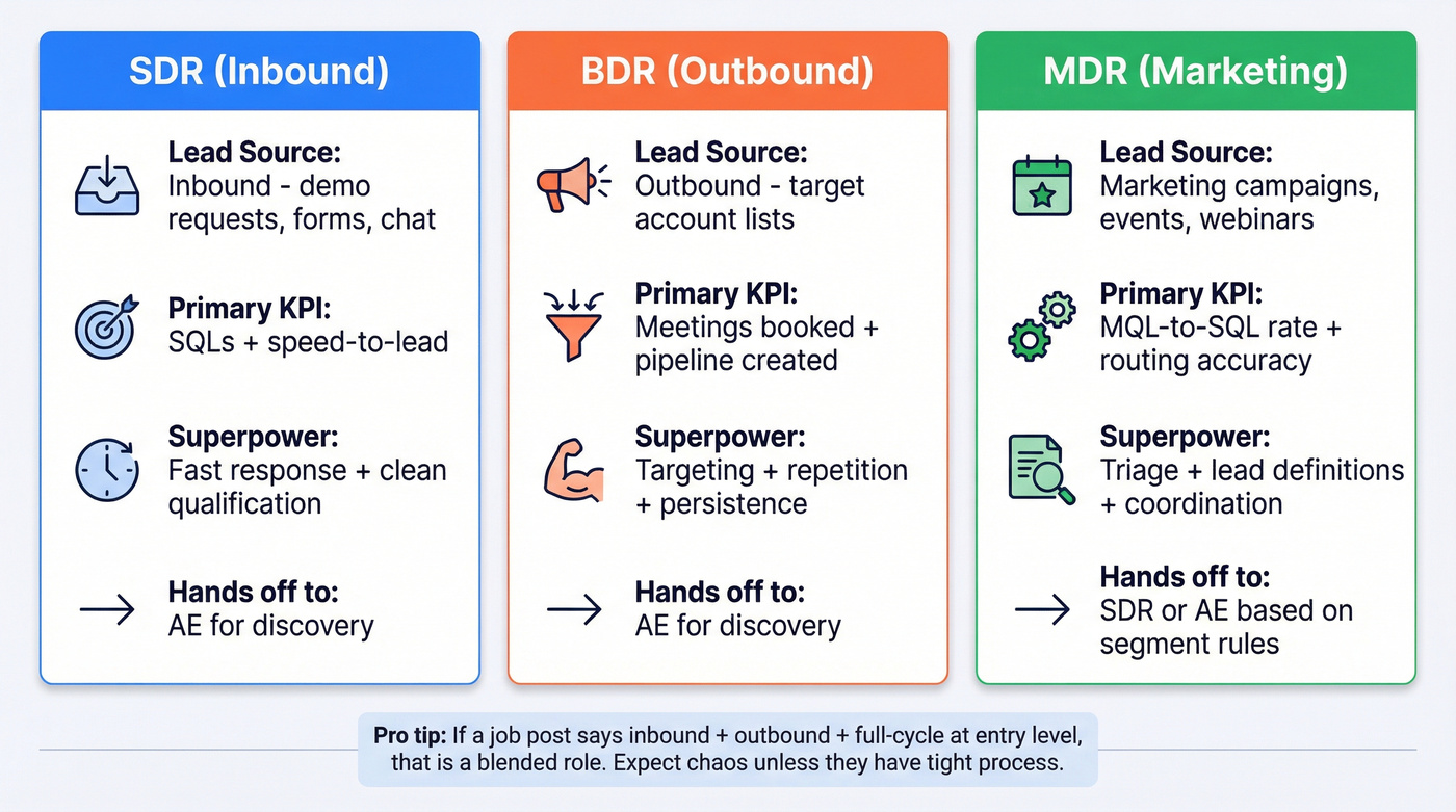 SDR vs BDR vs MDR role comparison diagram